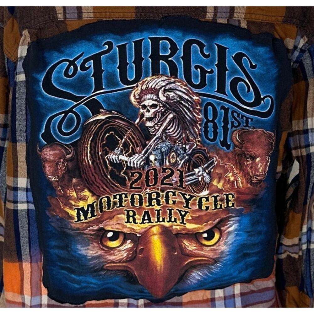 Sturgis Motorcycle Rally Plaid Flannel Shirt 3XL Oversize Skeleton Biker Unique - Picture 2 of 6
